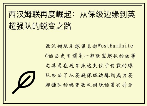 西汉姆联再度崛起：从保级边缘到英超强队的蜕变之路